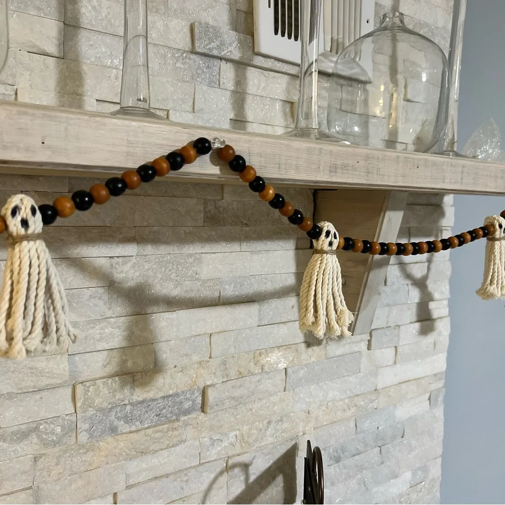 Wooden Halloween Garland 7Ft Ghosts Beaded Handmade Cottage Rustic Farmhouse